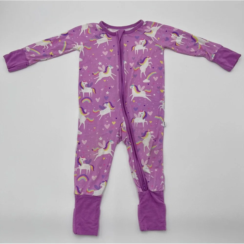 Little Sleepies‎ 3-6 Months Purple Unicorn Rainbow Zip Pajamas Romper Kids